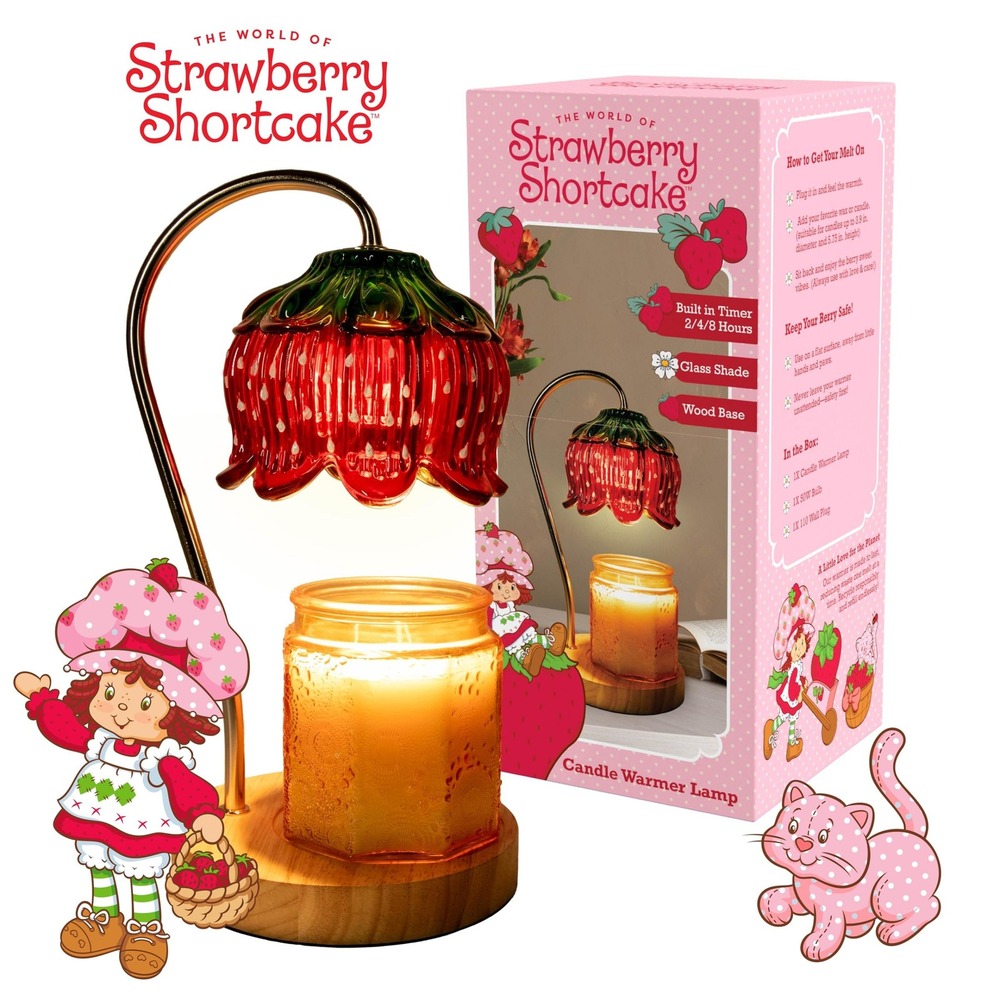 Strawberry Shortcake Candle Warmer Lamp Red Pink New Glass Shade Wood Base Timer